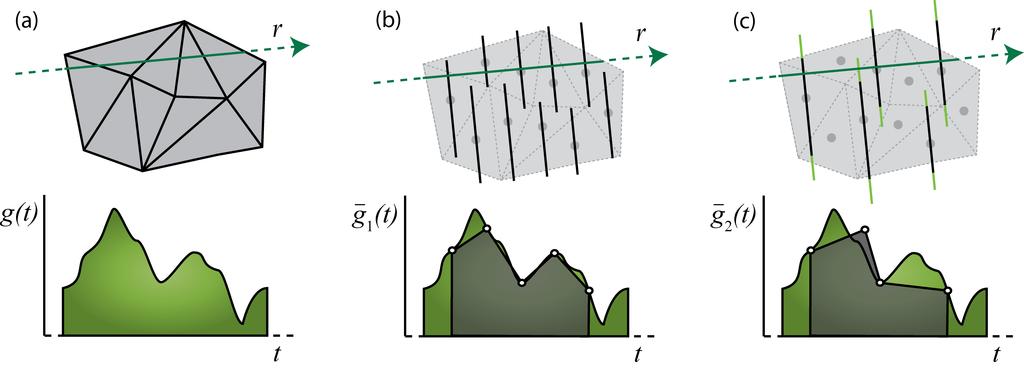 Figure 7. Illustration of LOD Strategy in 2D (a) Original Mesh with viewing ray through the mesh and associated scalar function g(t). (b) Approximating elements intersecting the viewing ray.