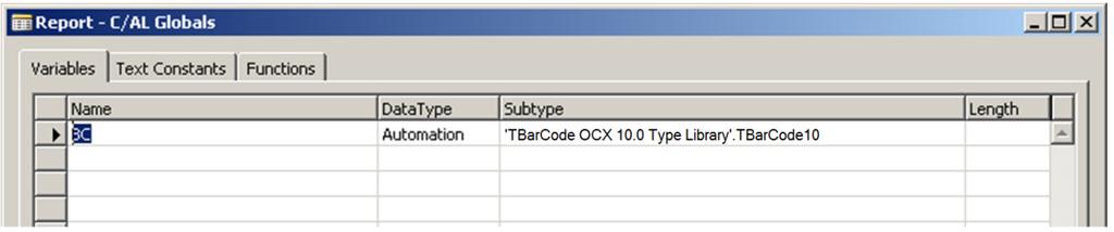 Add a global variable of data type automation with subtype TBarCode OCX 10 Type