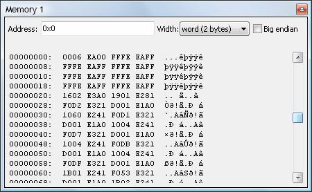 Memory window Address Width Big endian Address expression. Width of displayed values. Can be either byte, word, long or quad.