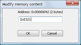 To modify memory content double click on appropriate value to open Modify memory content dialog: Provided value can be either in hexa-decimal, decimal or