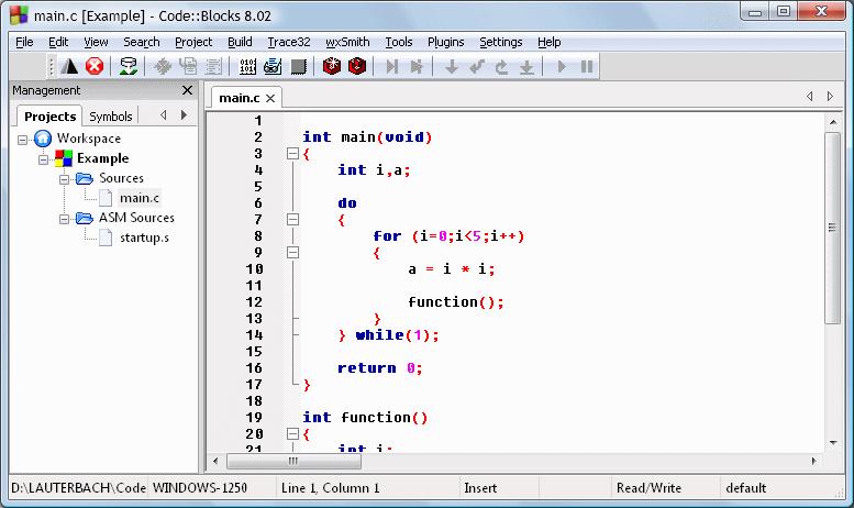 Debugging Example Application Start Code::Blocks and the TRACE32 instruction set simulator for ARM.