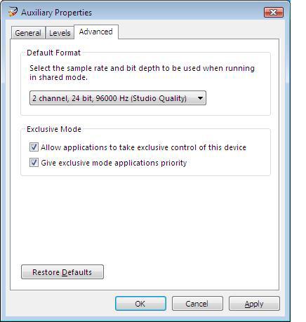 Select Advanced tab, then click on option box to select the desired sample rate and bit depth, e.g.