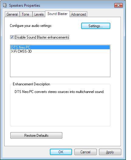 Next, click on Sound Blaster tab, and ensure Disable Sound Blaster enhancements is selected or clicked.