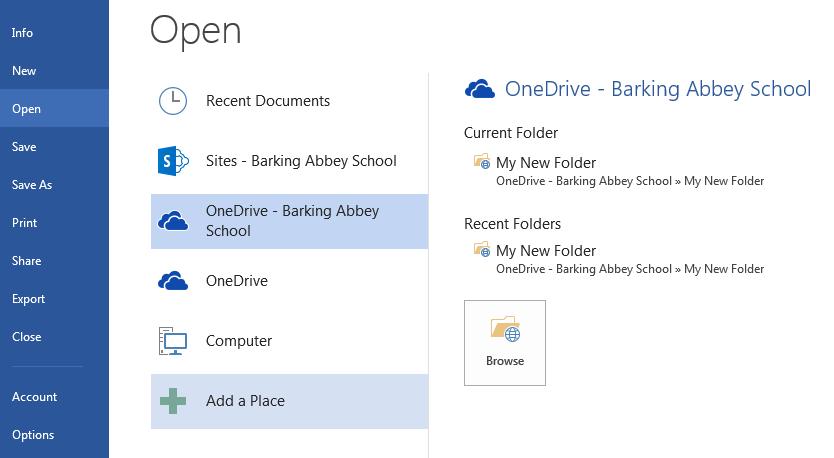 To open documents 1. Click File 2. Click Open 3. You ll see a new folder called OneDrive Barking Abbey School 4.