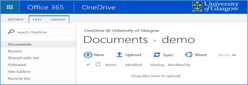 OneDrive for Business shows the current folder and the folder one level up; in the above screenshot the current folder is called demo, which is a sub-folder of the Documents folder.