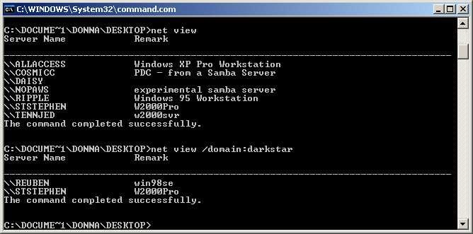 194 Linux Transfer for Windows Network Admins Figure 40. Viewing Domain and Workgroup members from the DOS prompt.