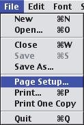 Mac OS 9 Select [Page Setup] from the [File] menu of SimpleText. 1 2 (1) Select paper settings. (1) Make sure that the correct printer is selected. (2) Select paper settings.