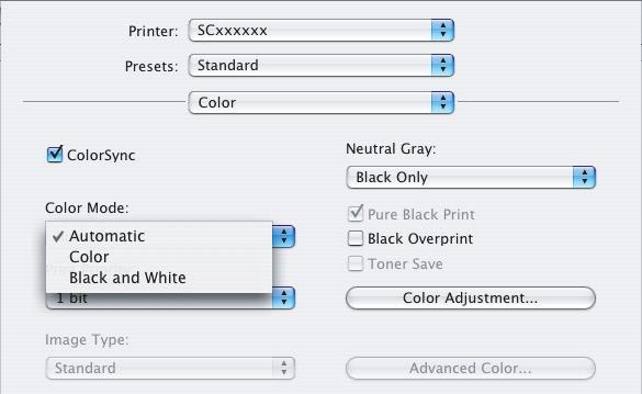 The [Black and White Print] checkbox on the [Main] tab and the "Color Mode" setting on the [Color] tab are linked.