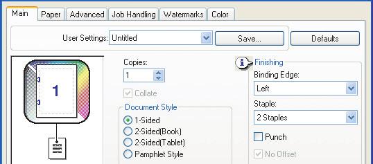 Windows (1) (3) (2) (1) Configure the settings on the [Main] tab. (2) Select the "Binding Edge". (3) Select the staple function or the punch function.