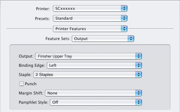 Macintosh Mac OS X (1) (2) (3) (1) Select [Printer Features]. (2) Select the "Binding Edge". (3) Select the staple function or the punch function.  In Mac OS X v10.1.5, the binding edge cannot be selected.