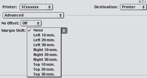 Mac OS 9 (1) (2) (1) Select [Advanced]. (2) Select the binding edge and margin shift.