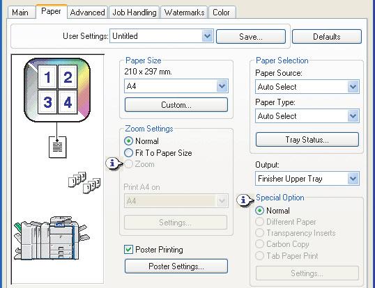 ) One page of print data can be enlarged and printed using multiple sheets of paper (4 sheets (2 x 2), 9 sheets (3 x 3) or 16 sheets (4 x 4)).