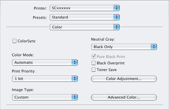 Macintosh Mac OS X (2) (1) (1) Select [Color]. (2) Select colour print settings. To use the Mac OS Colour Management function, select the [ColorSync] checkbox.
