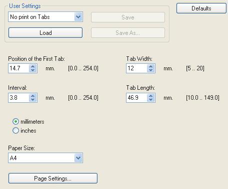 settings can be configured such as the size of the tabs, the starting position, the distance between tabs, and the page numbers where tab sheets will be inserted.