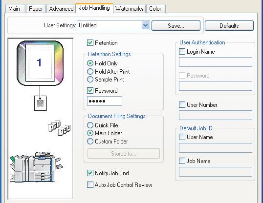 SAVING AND USING PRINT FILES (Retention/Document Filing) This function is used to store a print job as a file on the machine's hard drive, allowing the job to be printed from the operation panel when