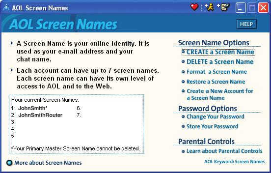 Recommended Web Browser Settings 11. The AOL Screen Names window appears. This window will include all the accounts you have created to this point. 12.
