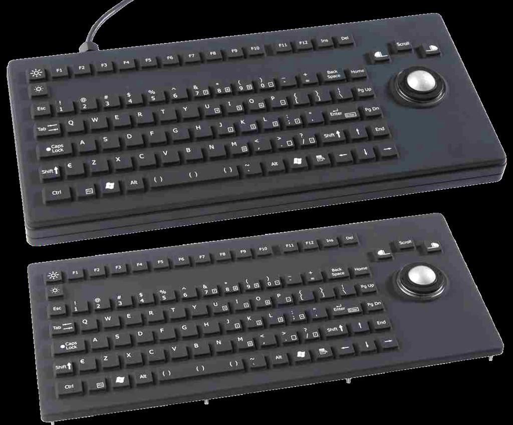 This 92 key backlit NSI keyboard features a compact rubber keyboard with integrated waterproof 25 mm laser trackball and scroll function.