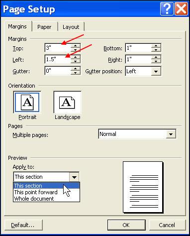 Intermediate Word for Windows Page 4 7. Setting Margins To set the margins of the Memo section: Click on the first page of the document. Select File Page Setup.