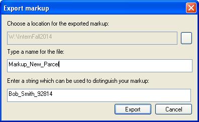 2.) In order to share this markup with a ArcMap user, click the Export Markup tool and the Export Markup dialog box opens. Select the folder that the markup files will be saved to.