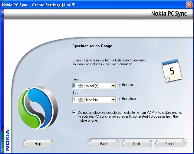 Synchronising data using Nokia PC Suite 7 Click Next, and define the time range for calendar and to-do items that you select to synchronise.