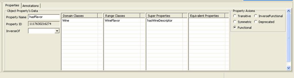 In the following figure the properties of an ODM ObjectProperty are presented: Property Name, Id, Domain and Range Classes, Super Properties in an ObjectProperty hierarchy,