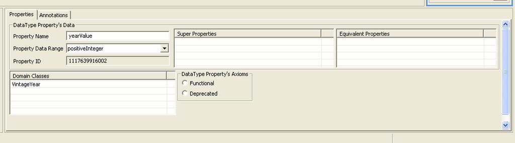 Figure 49: ODM ObjectProperty Properties DataTypeProperty Properties s can select an ODM class and add a DataTypeProperty using the Context Menu that is displayed when they click