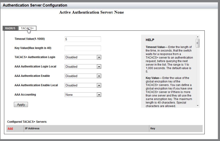 Chapter 17: RADIUS and TACACS+ Clients Figure 73. Authentication Server Configuration Page with TACACS+ Tab 4.