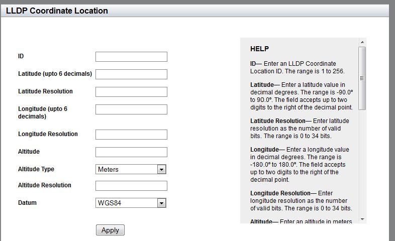 AT-FS970M Series Version 2.3.1.0 Web Interface User s Guide The LLDP Coordinate Location page is displayed. See Figure 133. Figure 133. LLDP Coordinate Location Page Add 6.