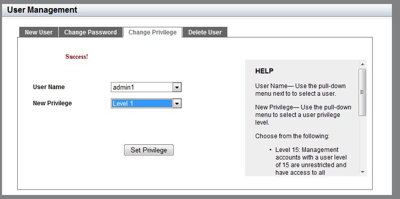 AT-FS970M Series Version 2.3.1.0 Web Interface User s Guide Figure 19. User Management Page with Change Privilege Tab 4. Use the pull-down menu next to the User Name field to select a user. 5.