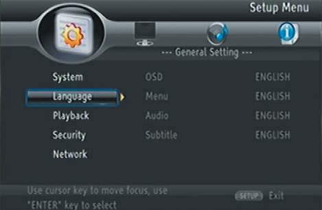 Application Blu-Ray Disc Player Use the SETUP menu Press SETUP to display the SETUP menu on the TV.