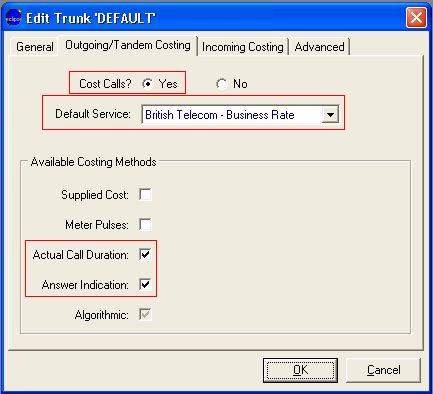 Click on the Outgoing/Tandem Costing tab and select the Cost calls radio button so that Eclipse Call Management System will apply costings to the calls associate with the default trunk.