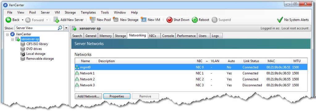 VX Virtual Appliance / Citrix XenServer Hypervisor / Server Mode [Single-Interface Deployment] f. Click OK. The Networking tab displays the new name, mgmt0, with No in the Auto column. g.