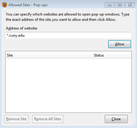 5. To add a website to the Exceptions list, on the Allowed Sites Pop-ups dialogue