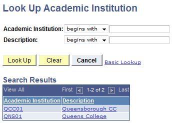 3. Click the Academic Institution Look Up icon; and then on the Search Results list,