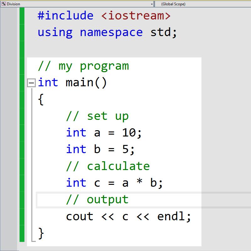 An example program First we see a library at the top, allowing for input/output The top area should contain global options