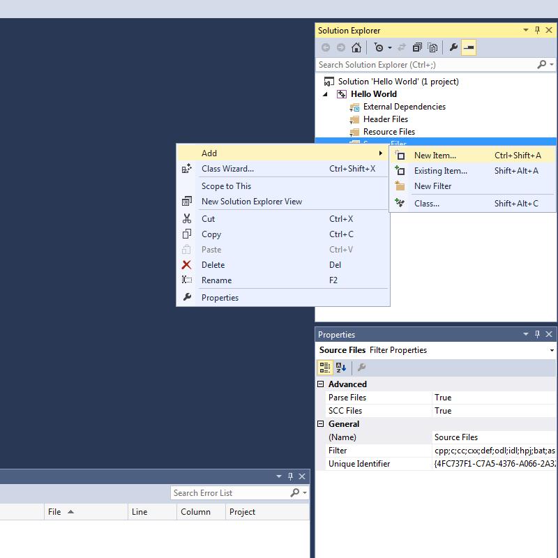 Getting started on Visual Studio Now select Visual C++ on the left hand bar, and Empty Project in the centre.