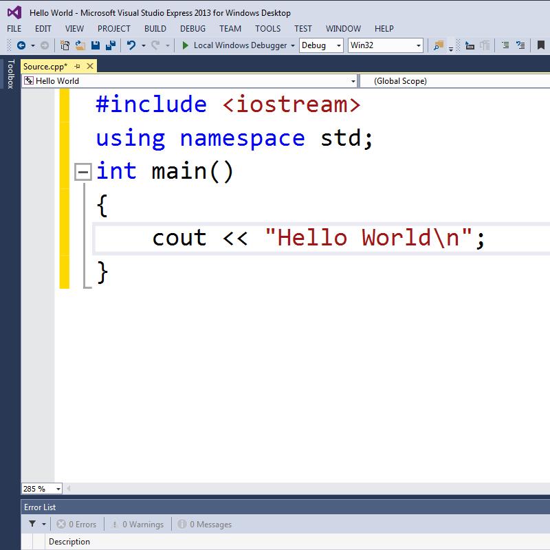 Getting started on Visual Studio Now copy in the text for the Hello World program