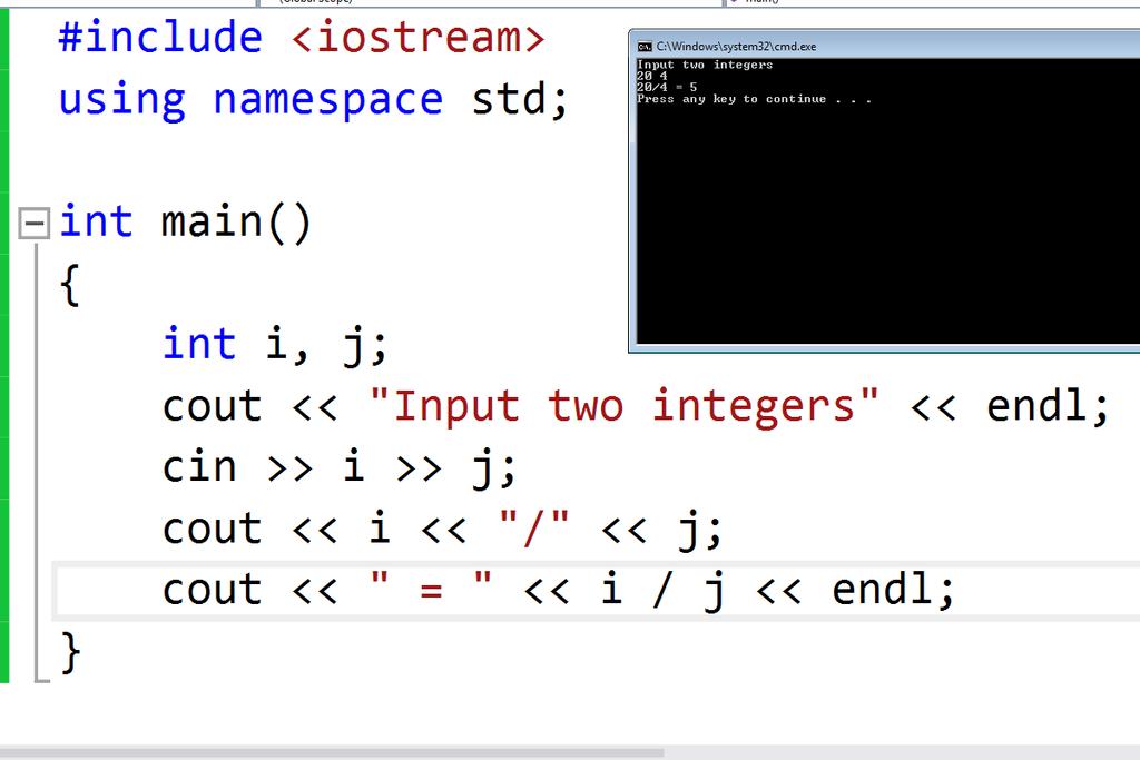 Example: Dividing with integers First open up a new project, create a cpp file with an empty main function.