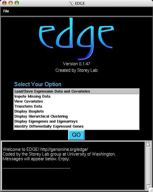 Figure 2: Main EDGE window. The menu lists the eight possible analysis tasks to perform.