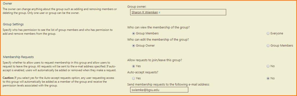 Normally you will leave the next few sections with the default. Choose from the Default Group Permission Levels and click Create. Now you need to add members to this newly created group.