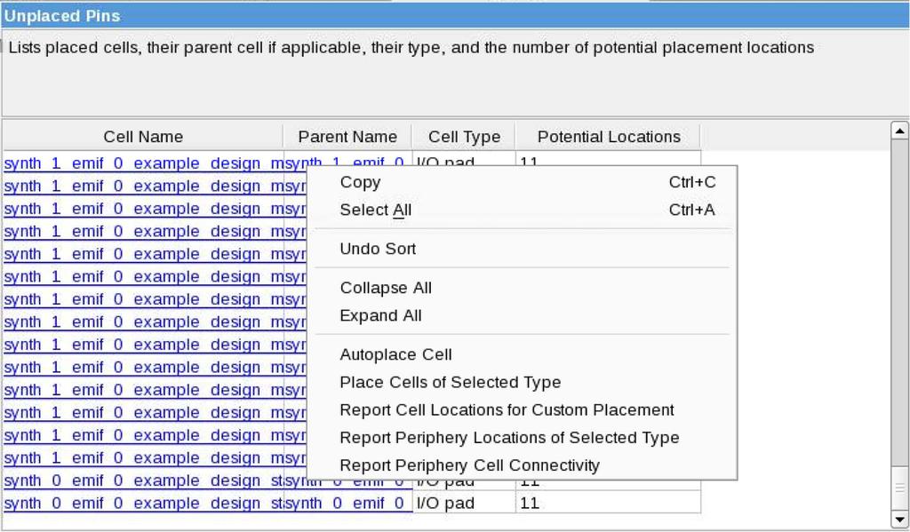 Placed/Unplaced Periphery Cells reports the name, parent, and type of all placed and unplaced periphery cells in the interface plan.