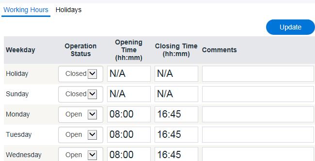 Working hours can be updated by direct changing the time in Opening and Closing time boxes and click on update. To add a holiday, click on holiday tab on the top and click on Add Holiday.