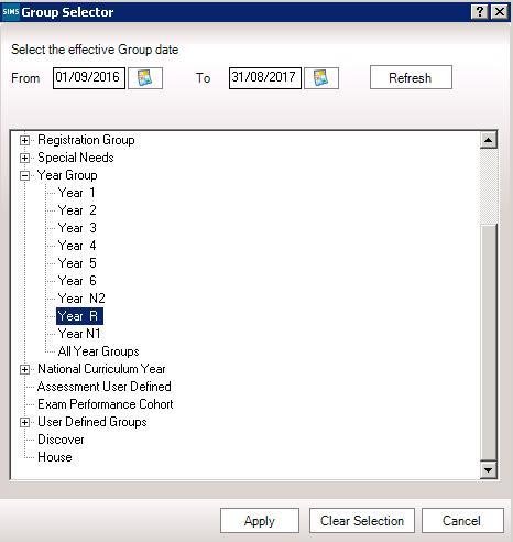 4. From the Select Group screen, click the Browser button to display the Selector dialog. 5. Click the + icon next to Year Group and select Year R 6.