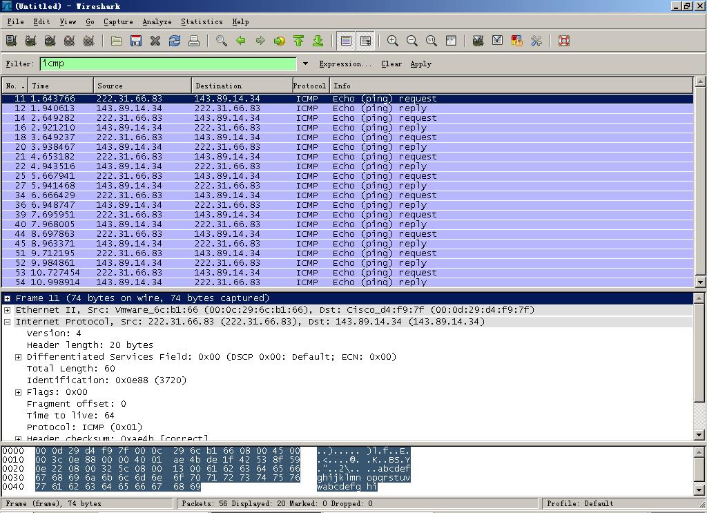 Figure 2 Wireshark output for Ping program with Internet Protocol expanded. Figure 3 focuses on the same ICMP but has expanded the ICMP protocol information in the packet contents window.