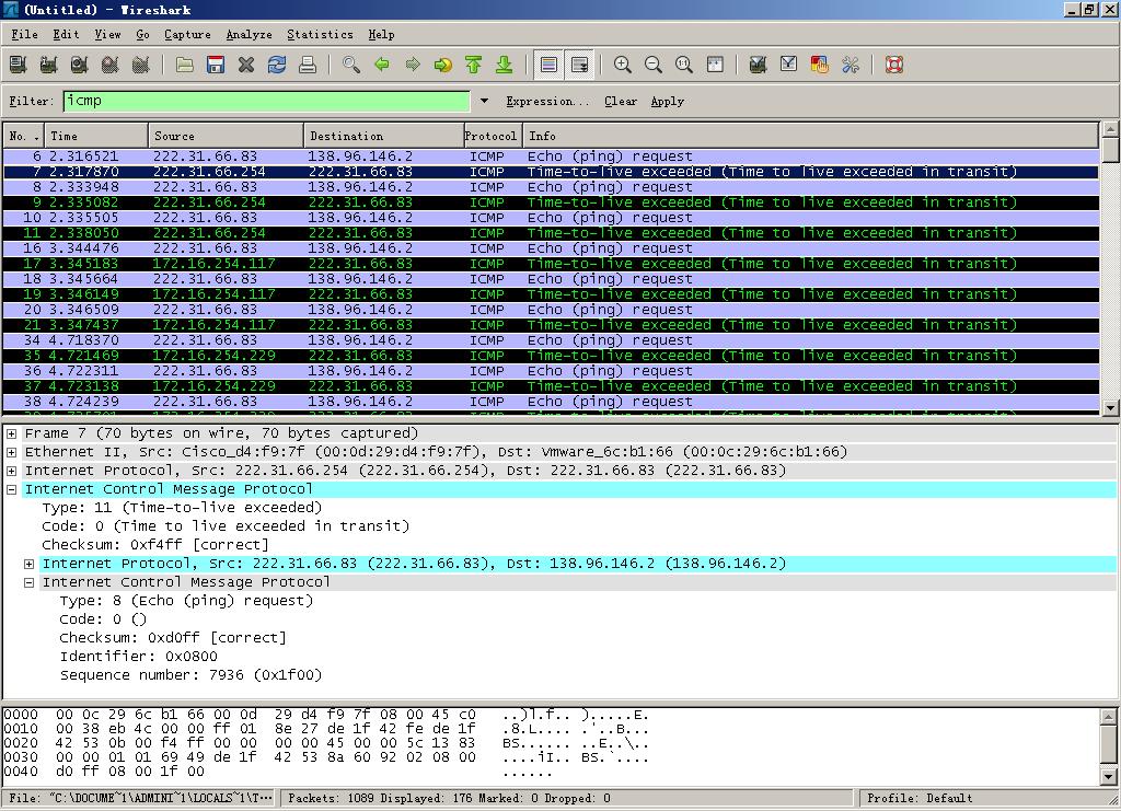 Figure 5 Wireshark window if ICMP fields expanded for one ICMP error packet. l Lab Assignments: For this part of the lab, you should hand in a screen shot of the Command Prompt window.