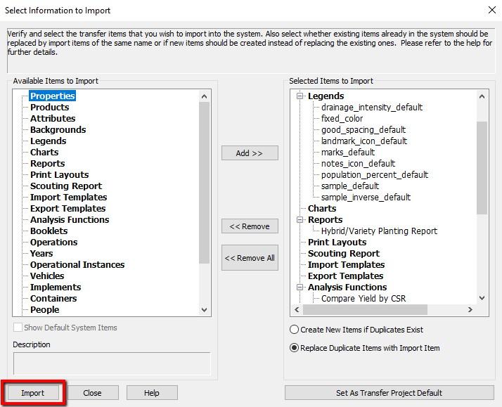 Figure 2 All of the items that are present in the selected transfer file should be present on the right side. To import these items, hit the Import button.