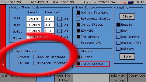 Logging for Dolby E errors, Timing, Common metadata and Program metadata can be controlled form the Logging>Log set-up menu. NOTE: USING A DOLBY DM100 WITH AN Sx instrument.