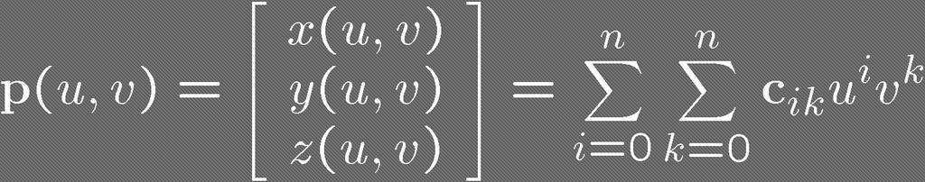 Parametric Polynomial Surfaces Restrict x(u,v), y(u,v), z(u,v) to be polynomial of fixed degree n Each