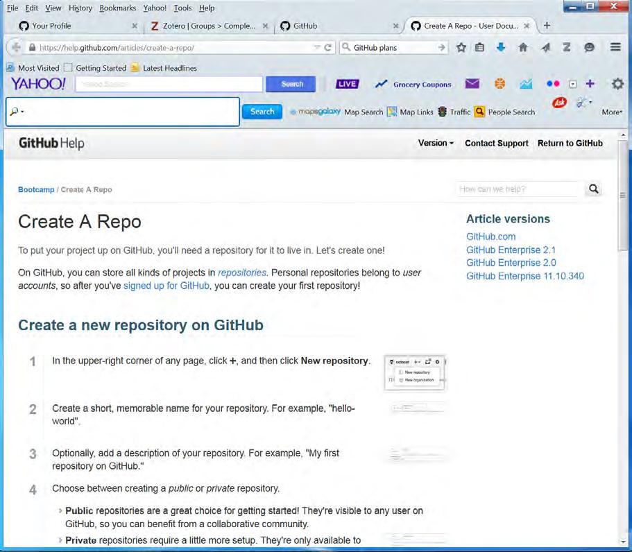 Click the button for 2. Create repositories (Figure 2), and you will see a page for instructions like the page below (Figure 4): Figure 4: Webpage for instructions on how to create a repository.