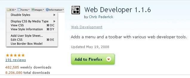 Web Developer Adds a menu and a toolbar with various web